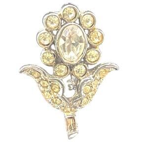 Vintage Silver Tone Yellow Rhinestone Floral Flower Brooch